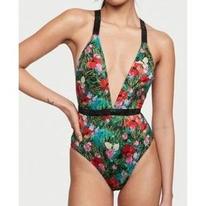 NWT Victoria's Secret Tropical Floral Shine Strap Plunge One Piece Swimsuit, S